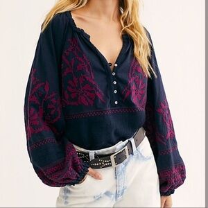 Free People Boho Embroidered Women's Blue  Top with Pink Floral Detailing